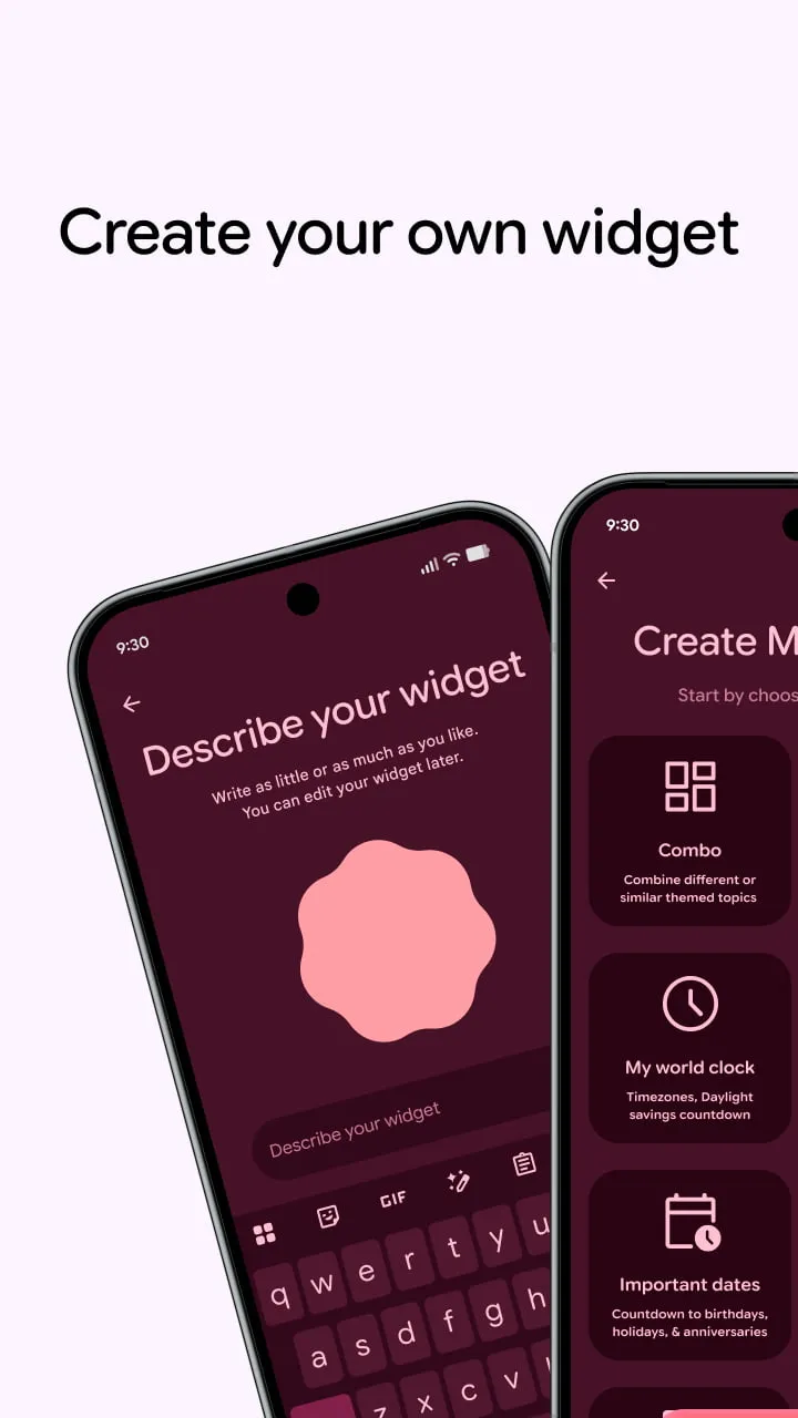 Categorías de la creación guiada de widgets en un teléfono Android
