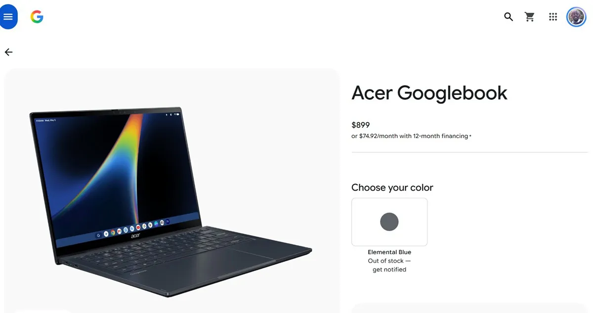 Aviso de falta de stock del Acer Googlebook en la tienda de Google