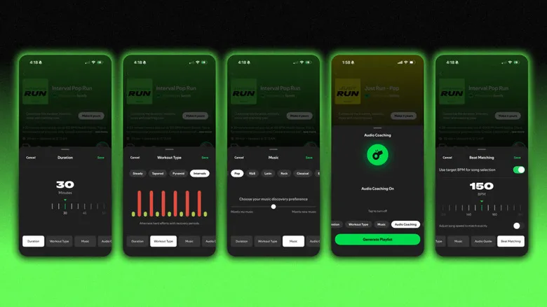 Capturas de las opciones del modo Running dentro de la aplicación de Spotify