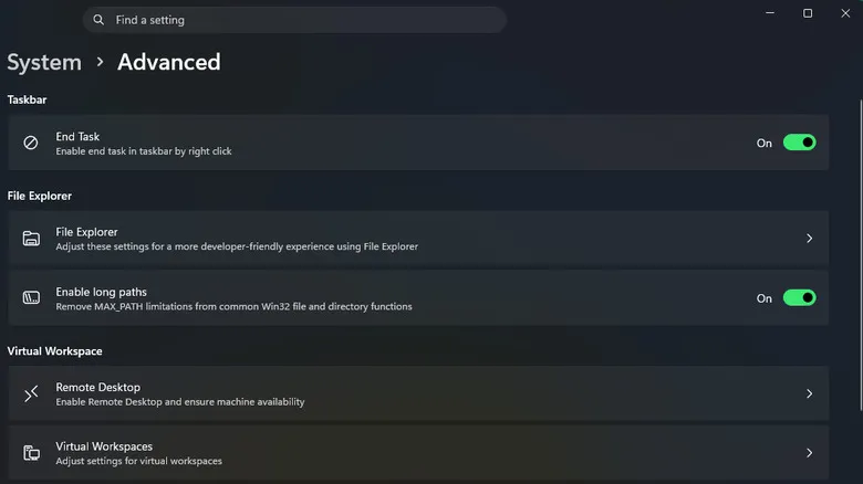 La página Avanzado de Configuración del sistema en Windows 11