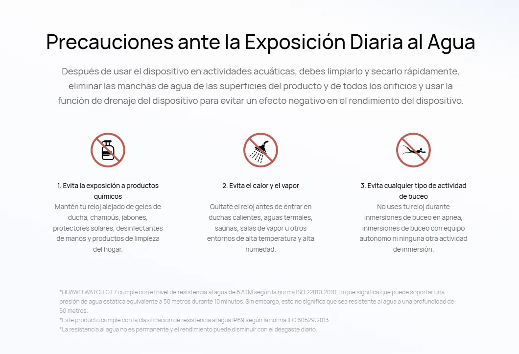 Precauciones de Huawei ante la exposición al agua: evitar productos químicos, calor y vapor, y respetar el límite de profundidad