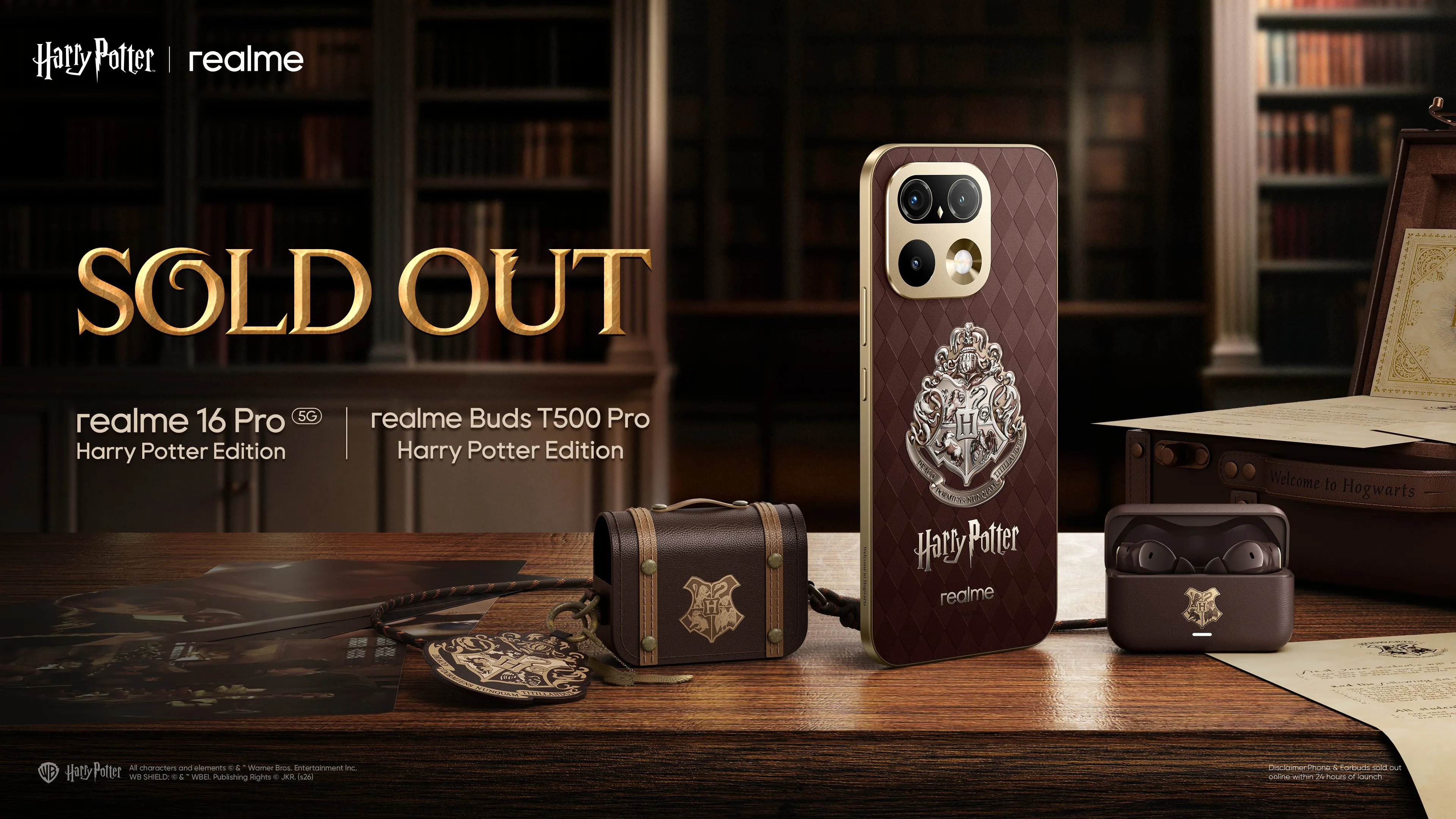 Cartel de agotado sobre una imagen de la Realme 16 Pro 5G y los Buds T500 Pro Harry Potter Edition junto a la maleta de Hogwarts