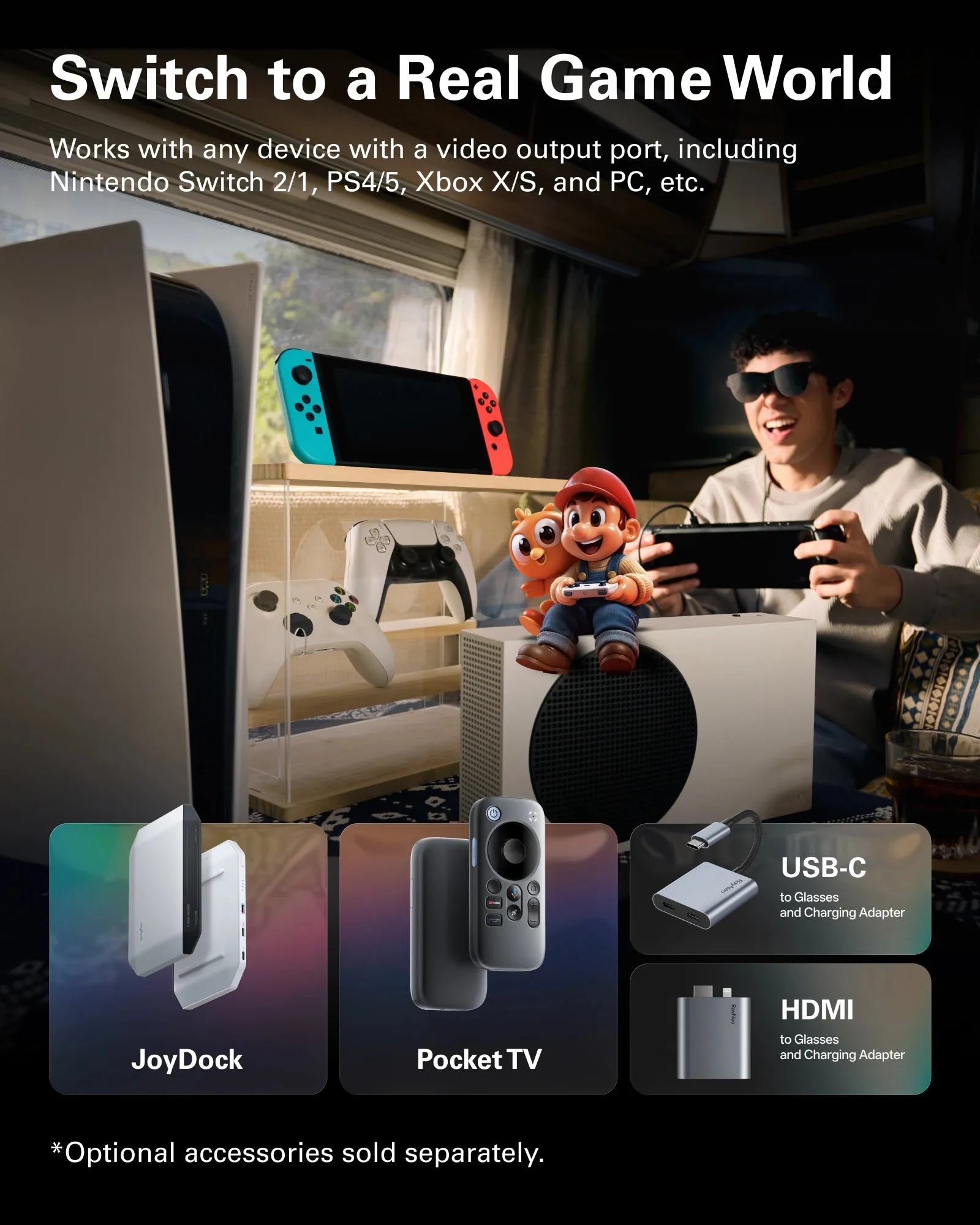 Jugador con gafas AR junto a una PS5, una Nintendo Switch y mandos de Xbox, con los accesorios JoyDock, Pocket TV y los adaptadores USB-C y HDMI