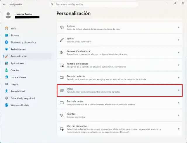 Interruptor para ocultar el nombre y la foto de perfil en la configuración de Inicio de Windows 11