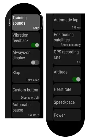 Sport settings available directly on the Polar watch