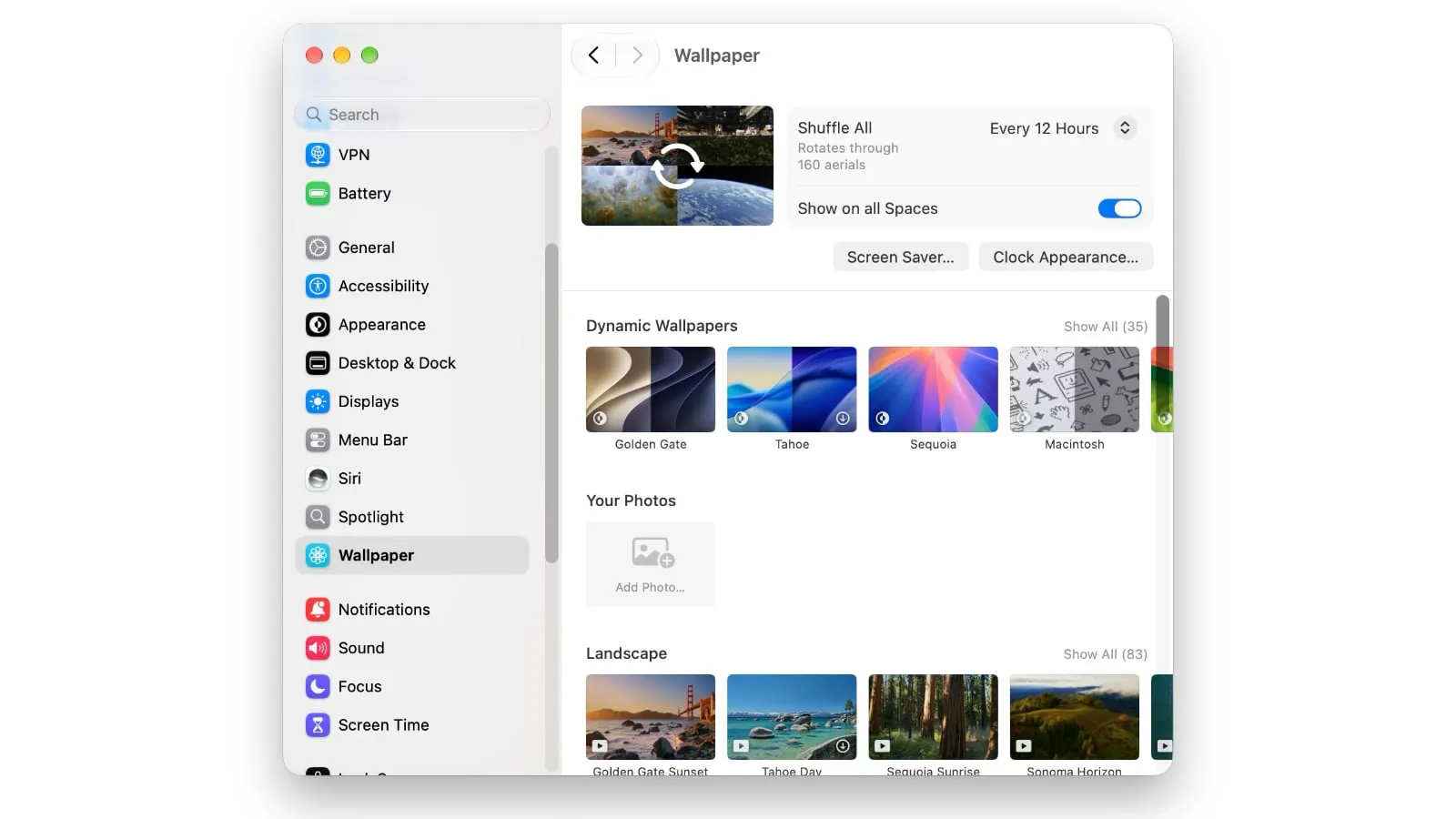 Screenshot of the macOS panel for choosing the Aerials screen saver as wallpaper