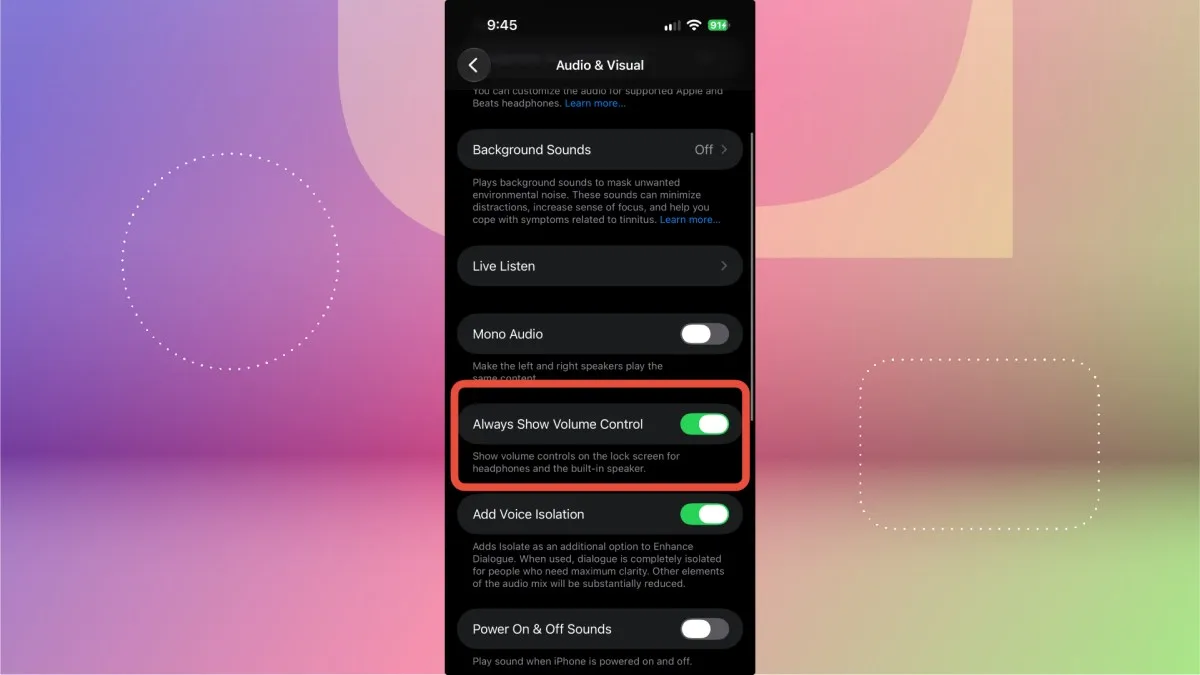 Always Show Volume Control toggle highlighted in the iPhone Settings app