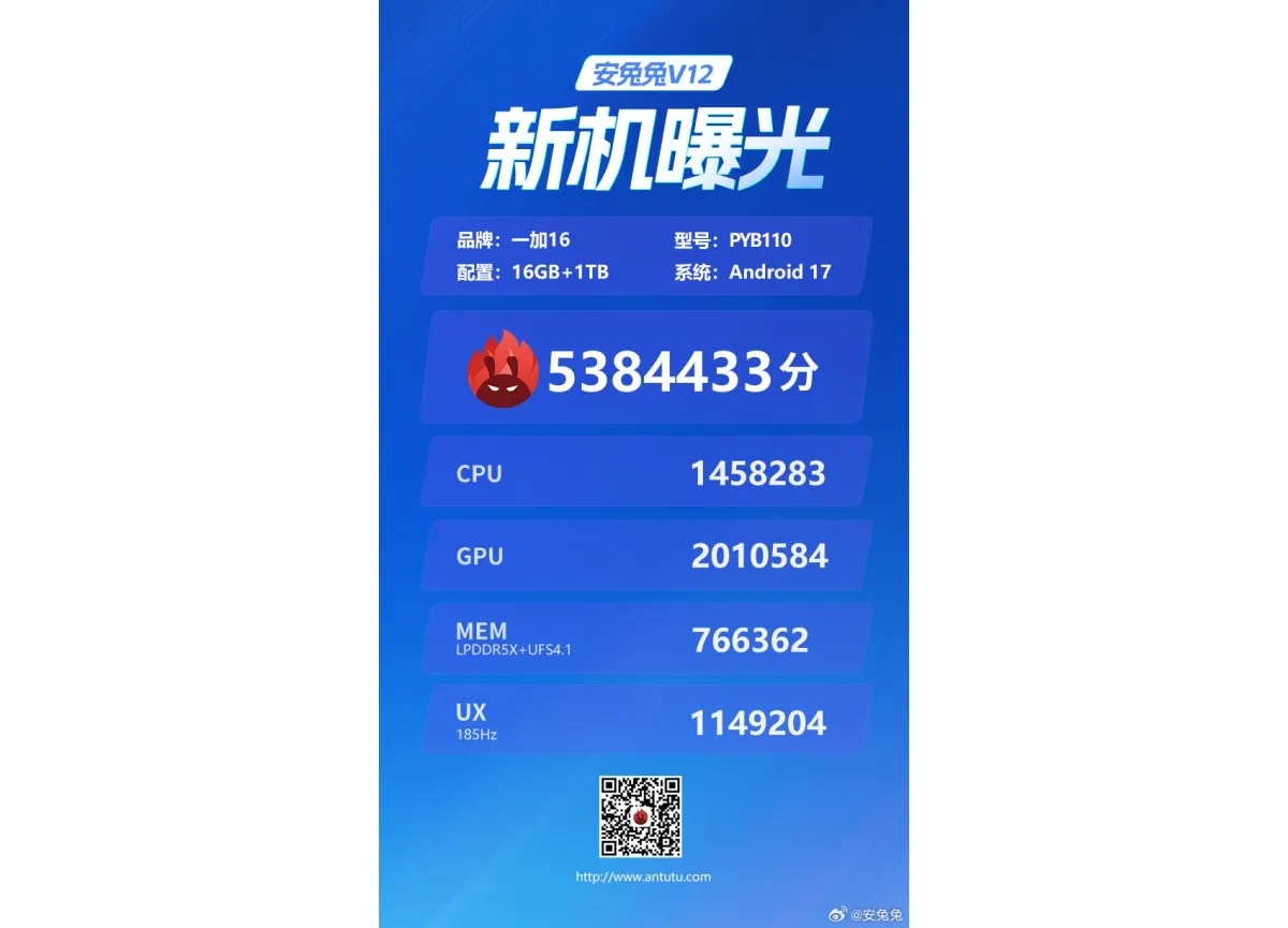 Resultado del OnePlus 16 en la prueba de AnTuTu