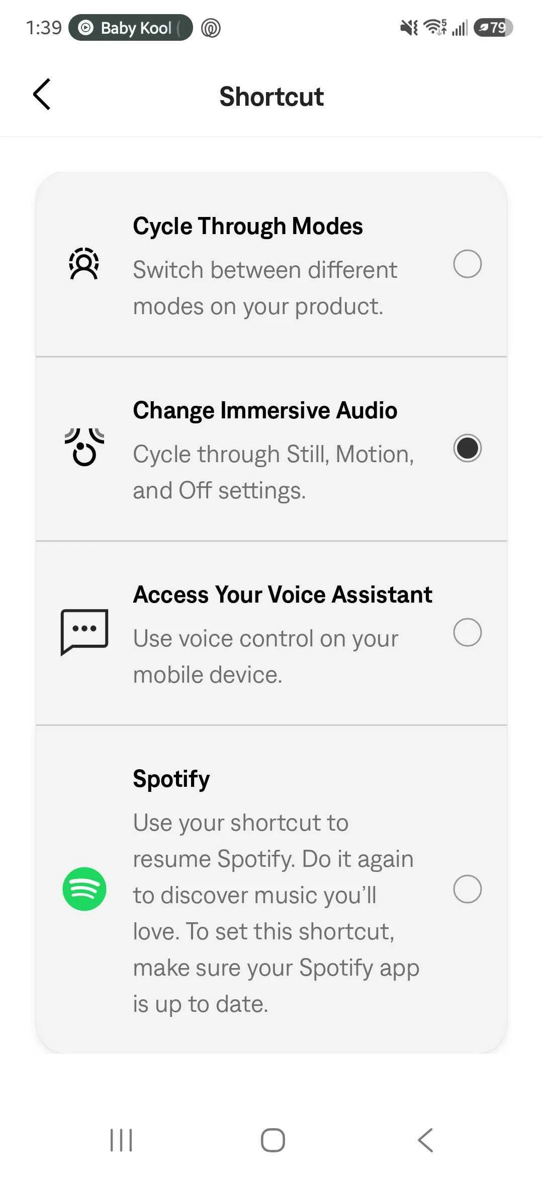 Menú de atajos de la app de Bose con la opción de cambiar el audio envolvente seleccionada
