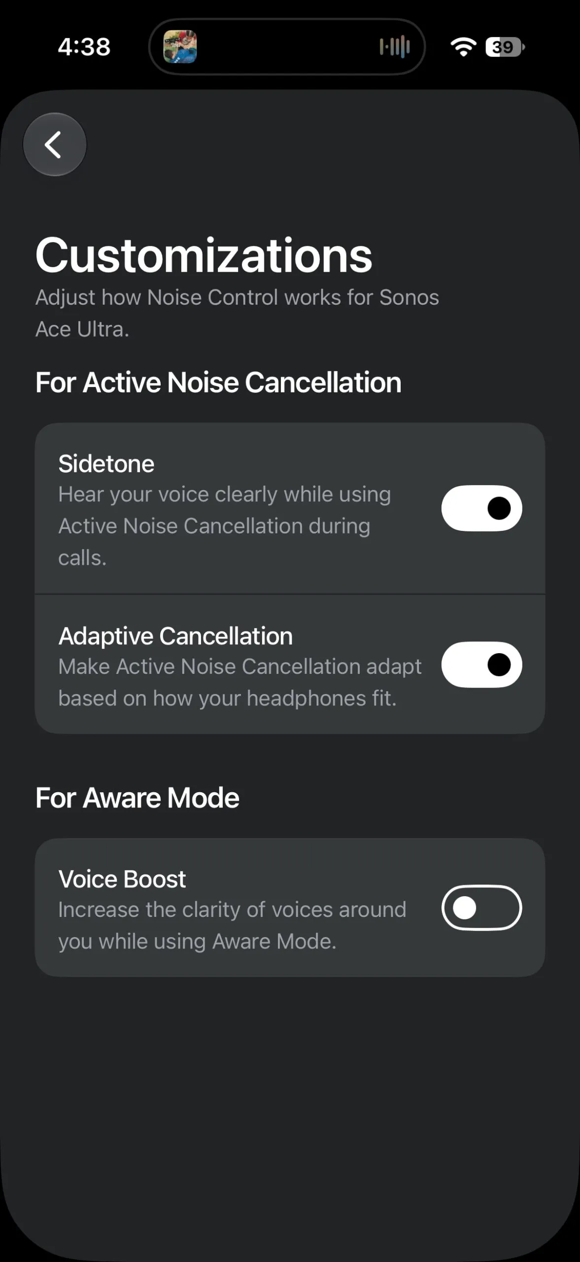 Captura de la app de Sonos con los controles de cancelación adaptativa, sidetone y Voice Boost