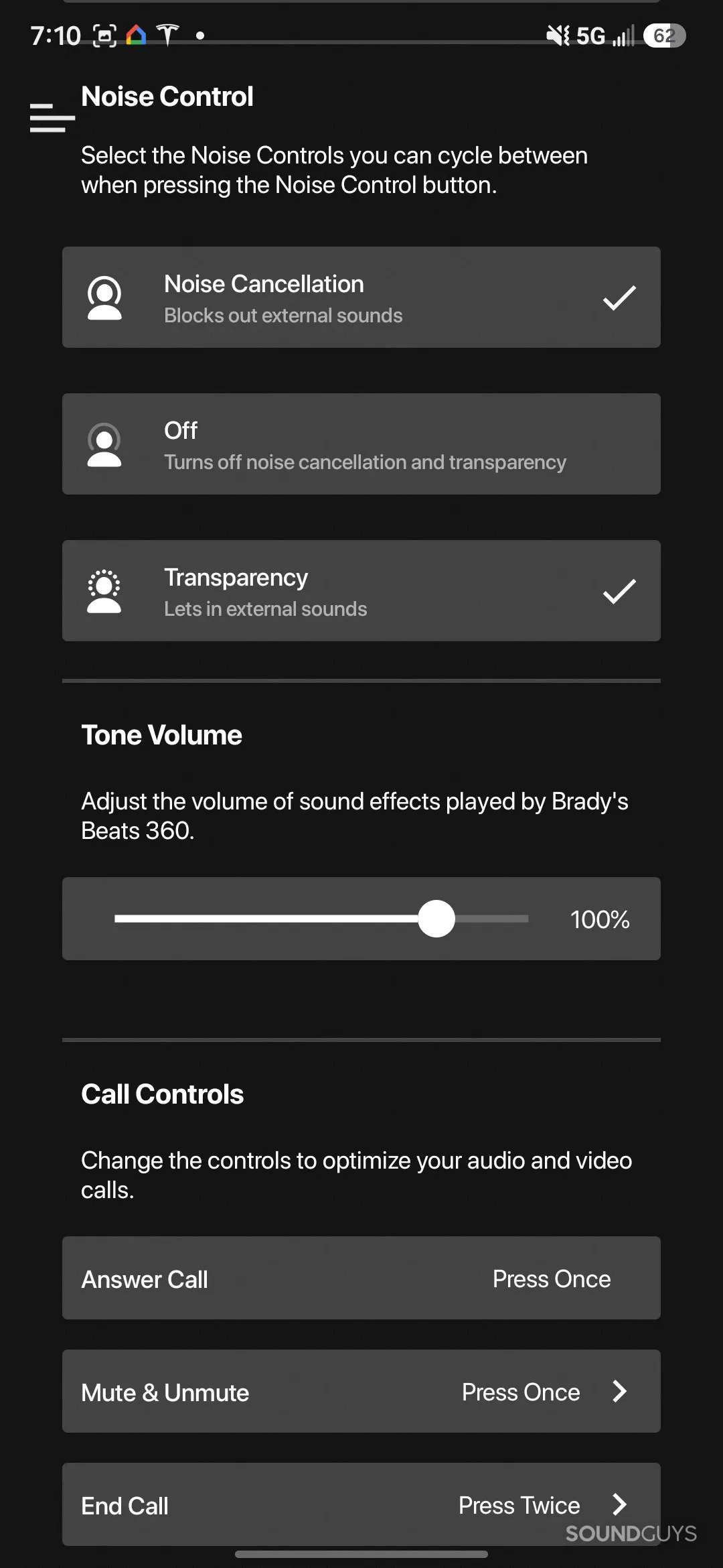Ajustes de los modos de cancelación y de los botones en la app de Beats