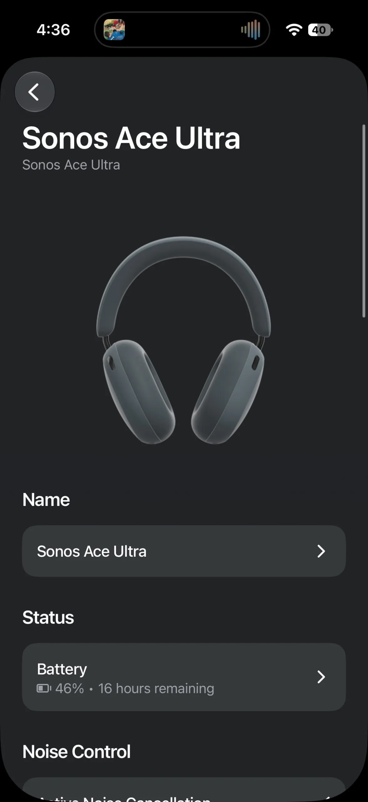 Captura de la app de Sonos con el estado de la batería y los ajustes de los Ace Ultra