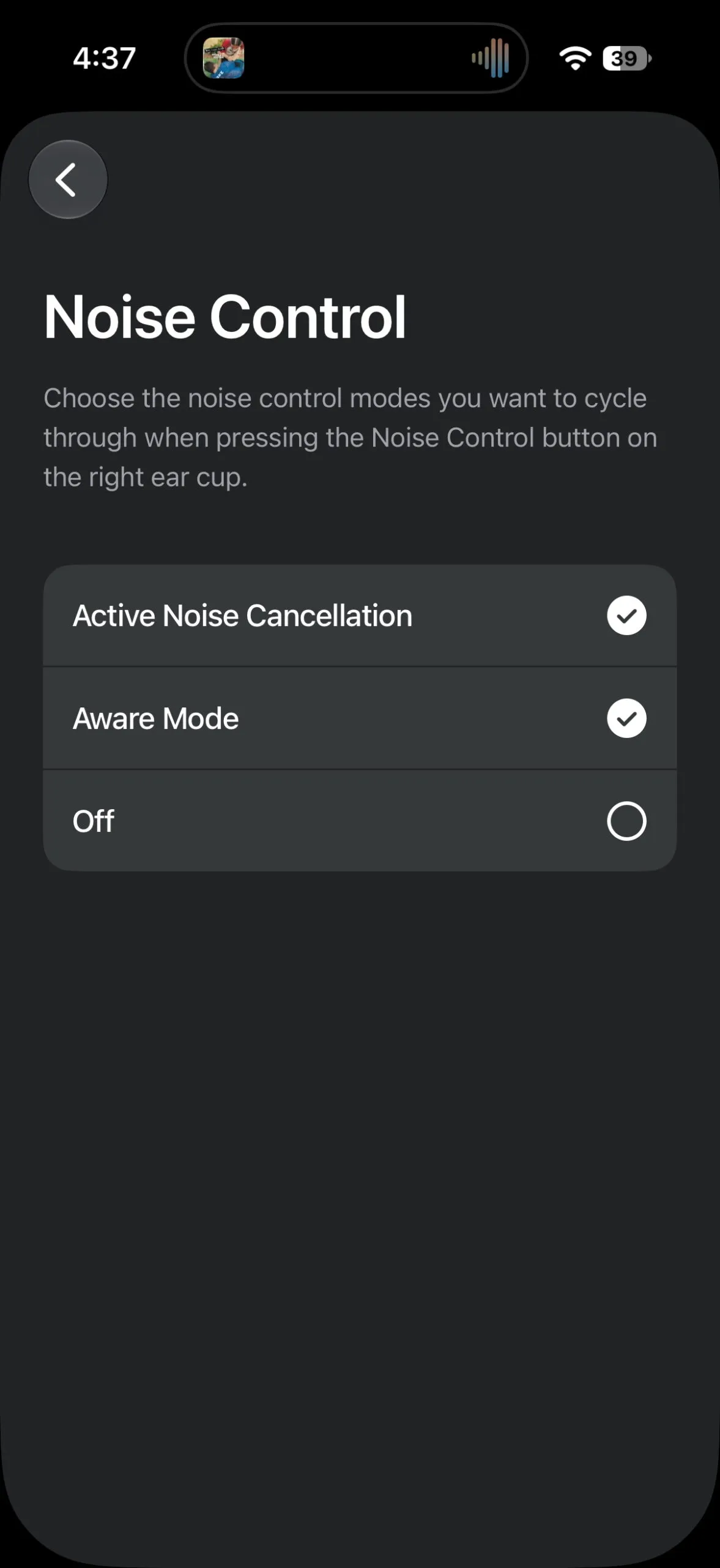 Captura de la app de Sonos con la selección de modos de control de ruido