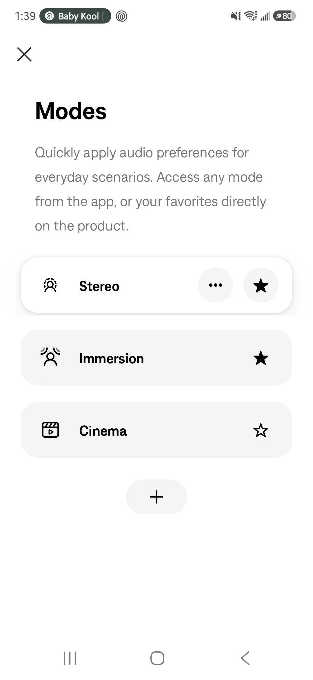 Pantalla de modos de la app de Bose con el modo estéreo activado y los modos estéreo e inmersión marcados como favoritos