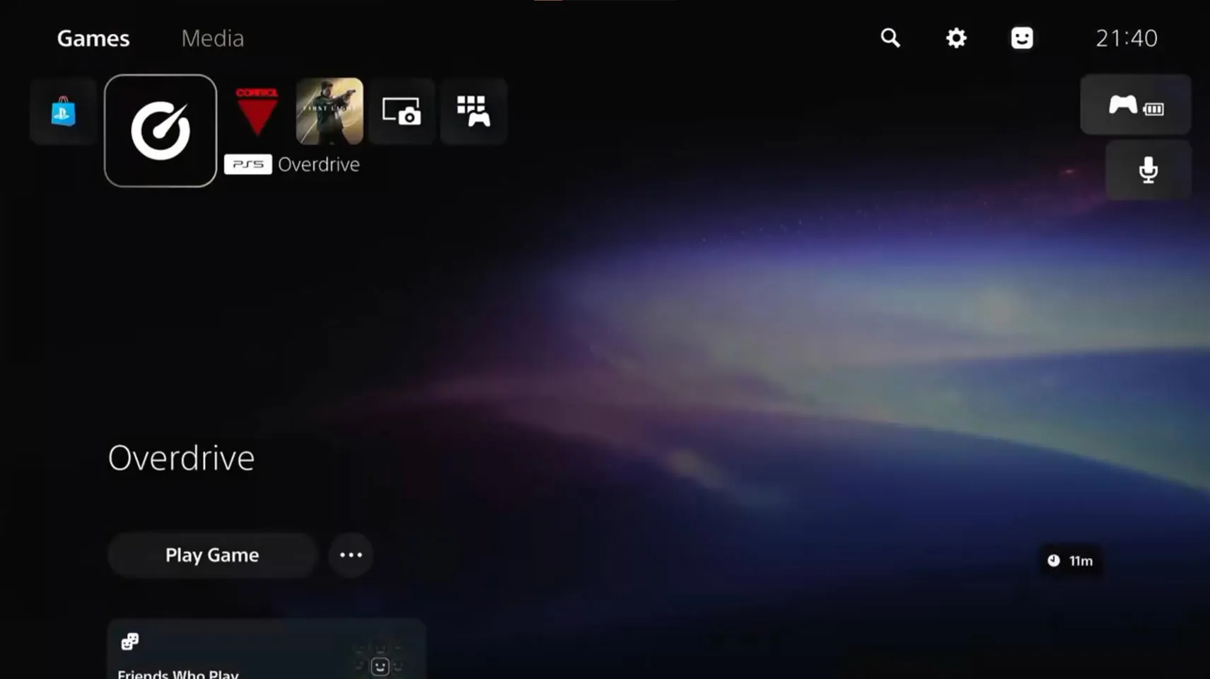 Menú de inicio de PS5 con el icono de Overdrive entre las aplicaciones instaladas