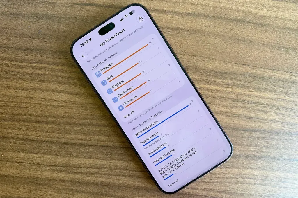 Pantalla del Informe de privacidad de apps con la actividad de red y los dominios contactados