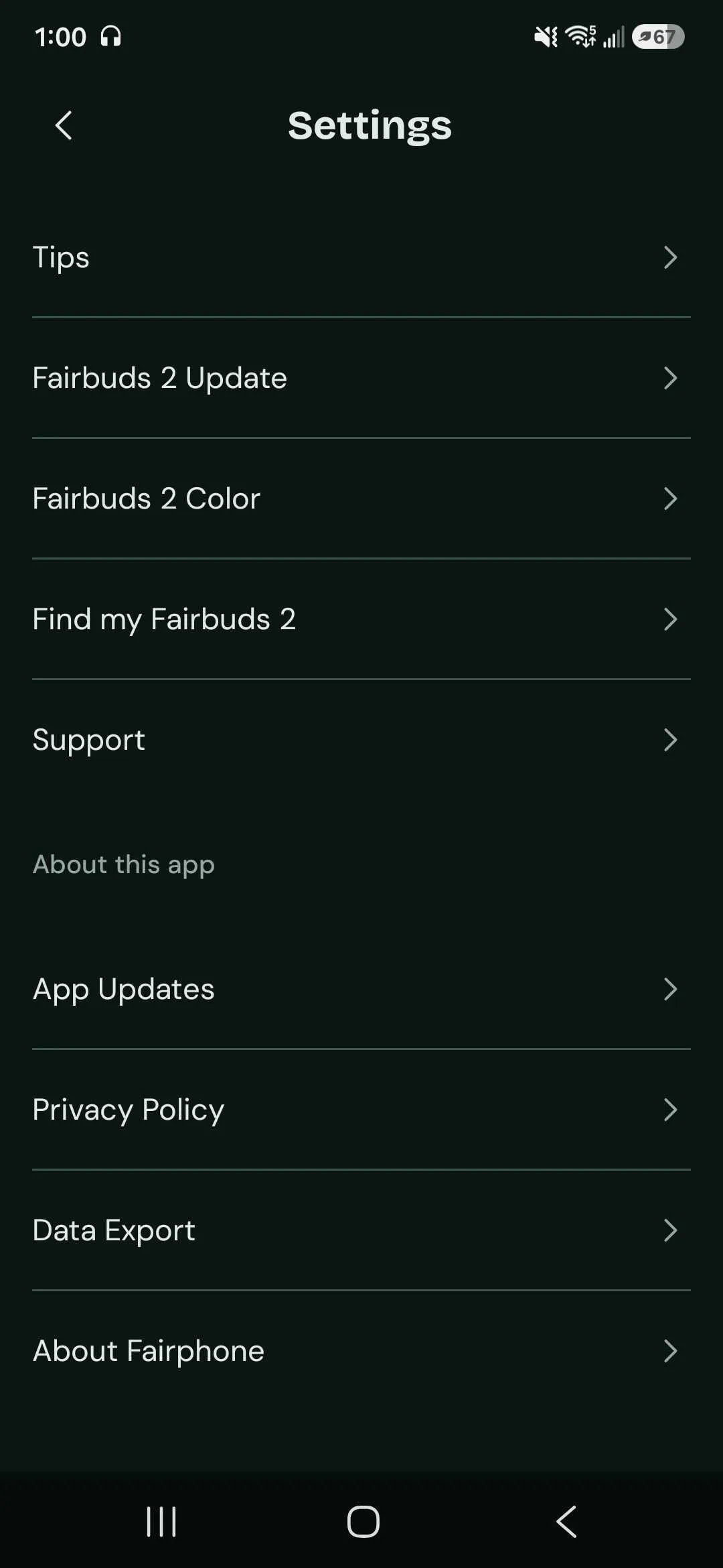 Menú de ajustes adicionales de la aplicación Fairbuds
