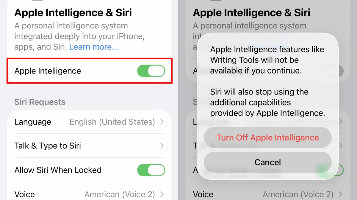 Ajustes de Apple Intelligence y Siri, con el interruptor desactivado y el diálogo de confirmación