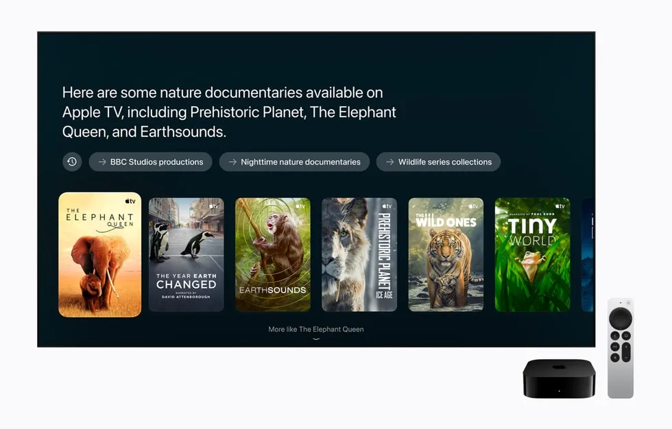Apple TV 4K mostrando sugerencias de Siri AI con portadas de documentales