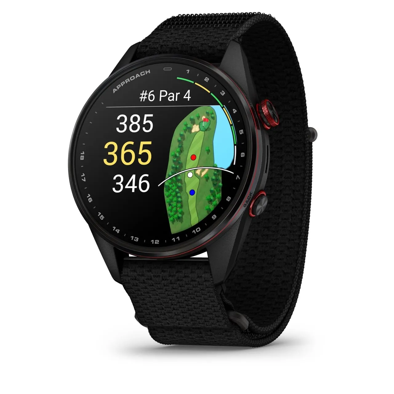 Primer plano del Garmin Approach S72 de 47 mm en negro con correa de tela y el mapa del hoyo en la pantalla