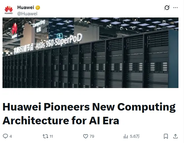 Huawei post on X announcing its new computing architecture for the AI era, with the image of the Atlas 950 SuperPoD rack