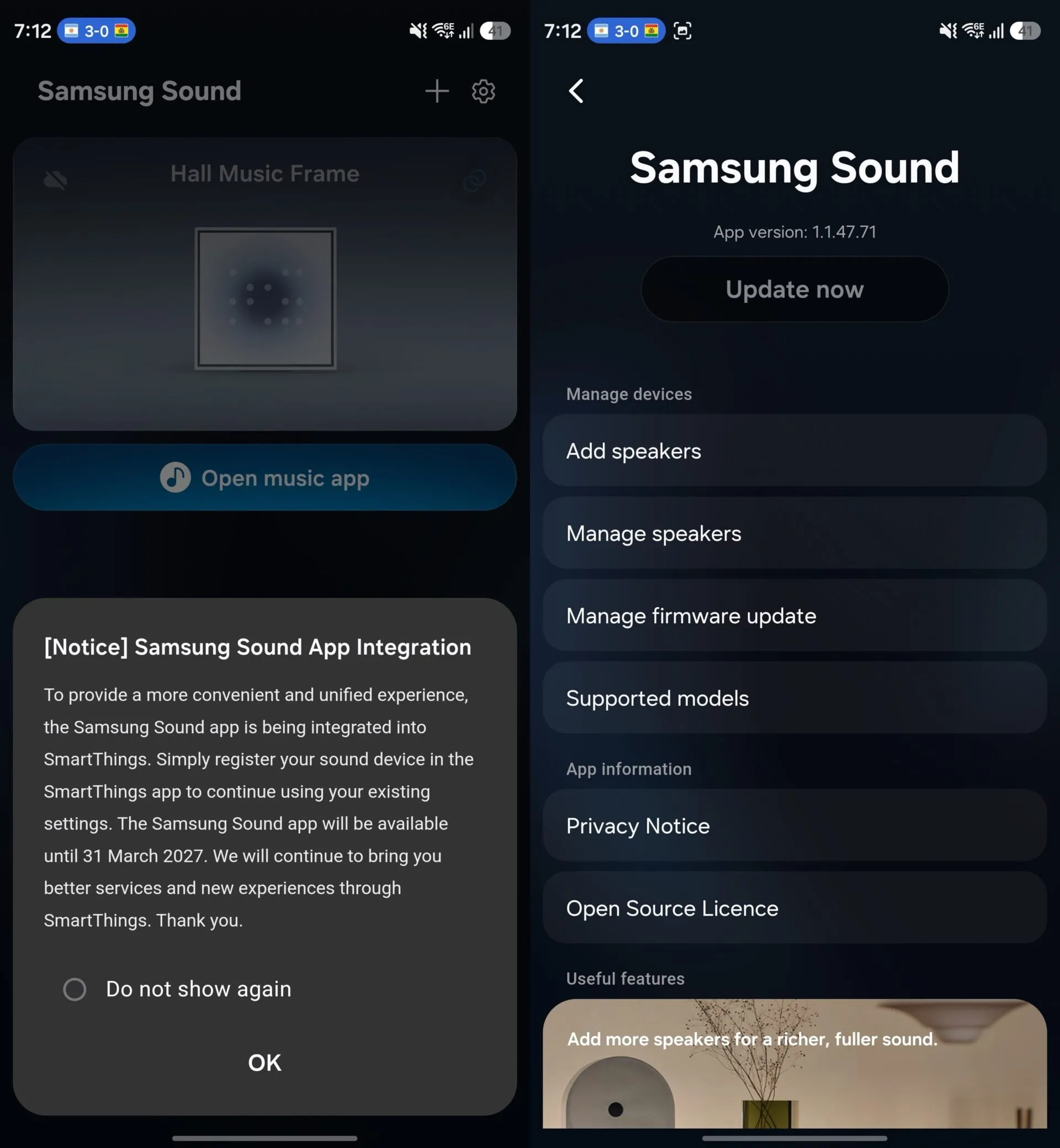 Shutdown notice for Samsung Sound shown inside the app