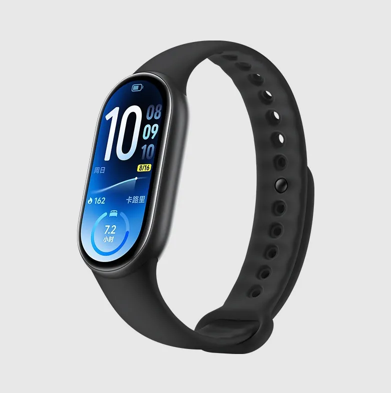 La Xiaomi Smart Band 11 en negro con la pantalla mostrando la hora y las calorías