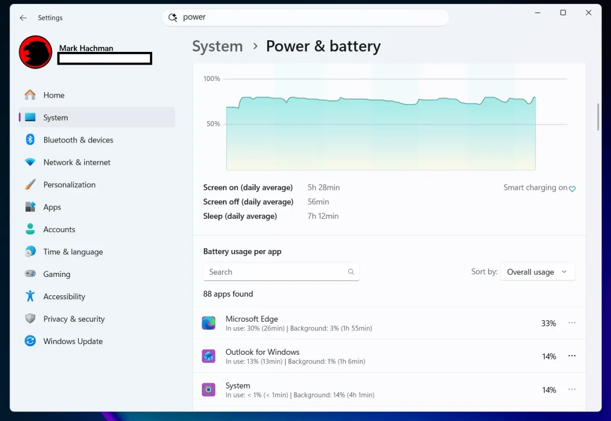 Lista de uso de batería por aplicación en la configuración de Windows 11