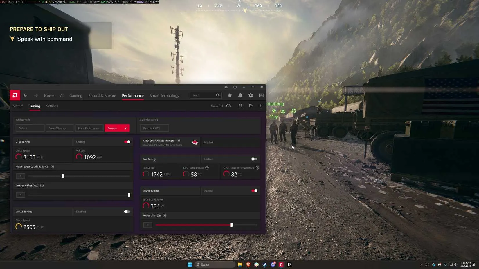 Partida con métricas de GPU en pantalla