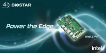Placa industrial Biostar BIWCL-PAT sobre un fondo azul, con el lema «Power the Edge» y los logotipos de Biostar e Intel