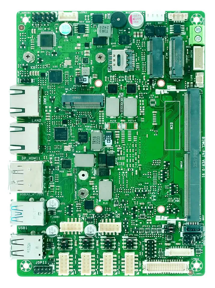 Vista superior de la placa Biostar BIWCL-PAT con las dos tomas de red y los puertos USB