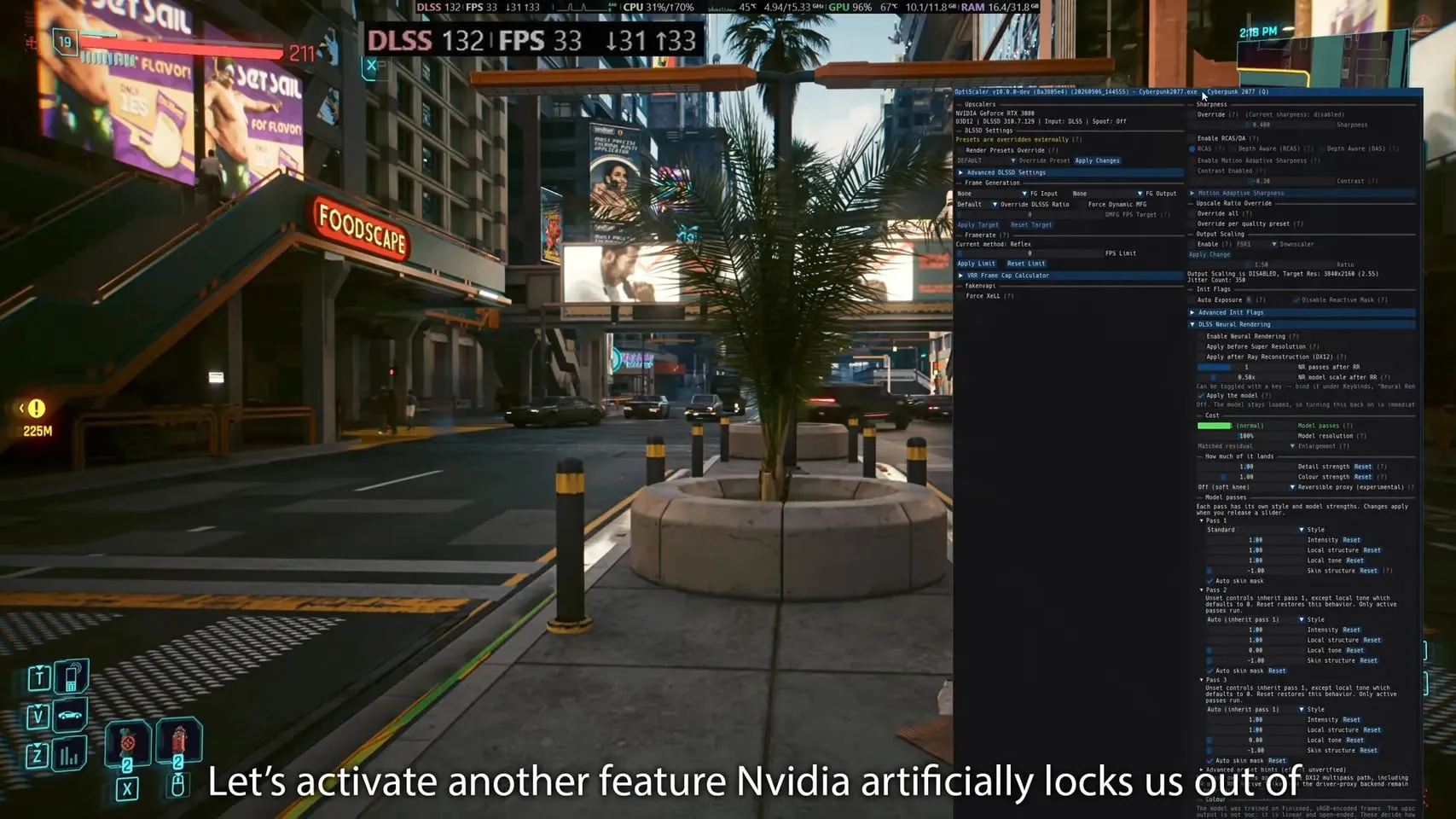 Captura de una prueba de DLSS Multi Frame Generation en una GPU RTX 30
