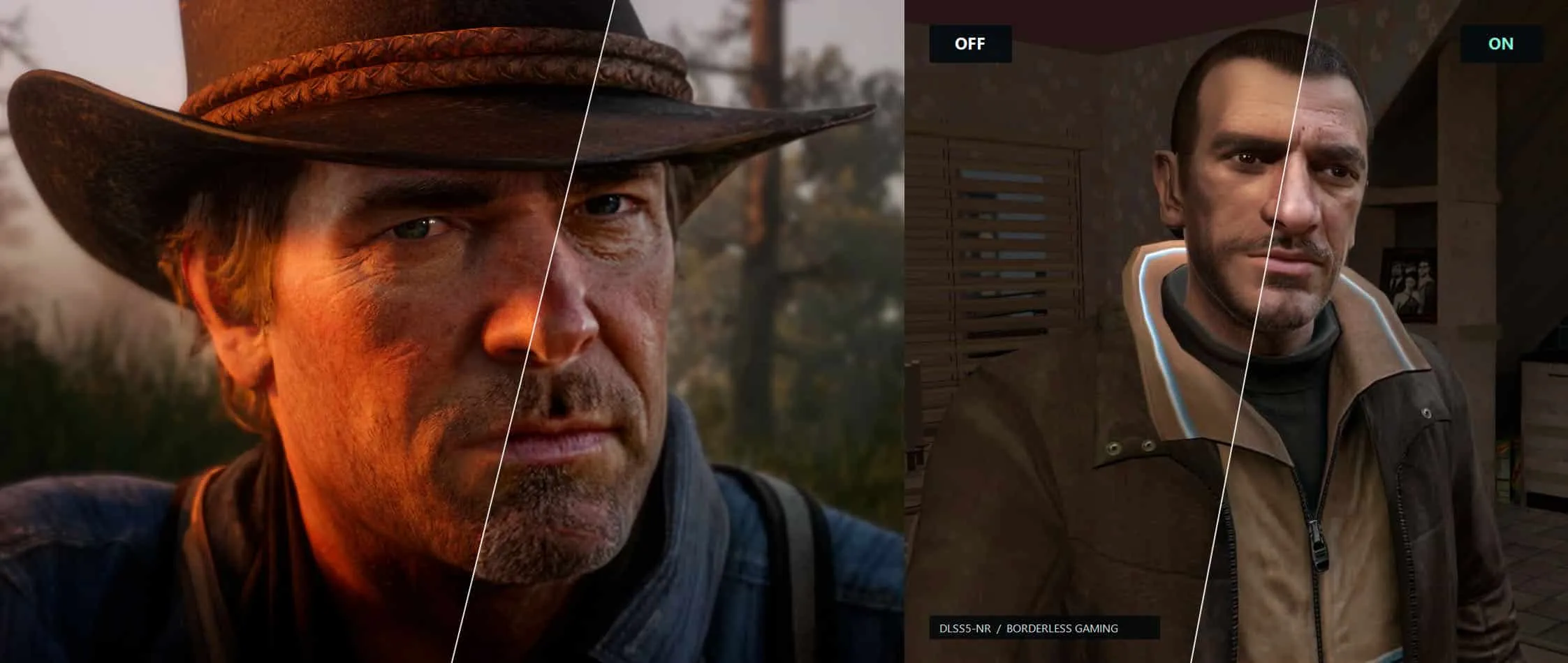 Montaje comparativo OFF/ON del efecto DLSS5-NR de Borderless Gaming sobre dos personajes de videojuego