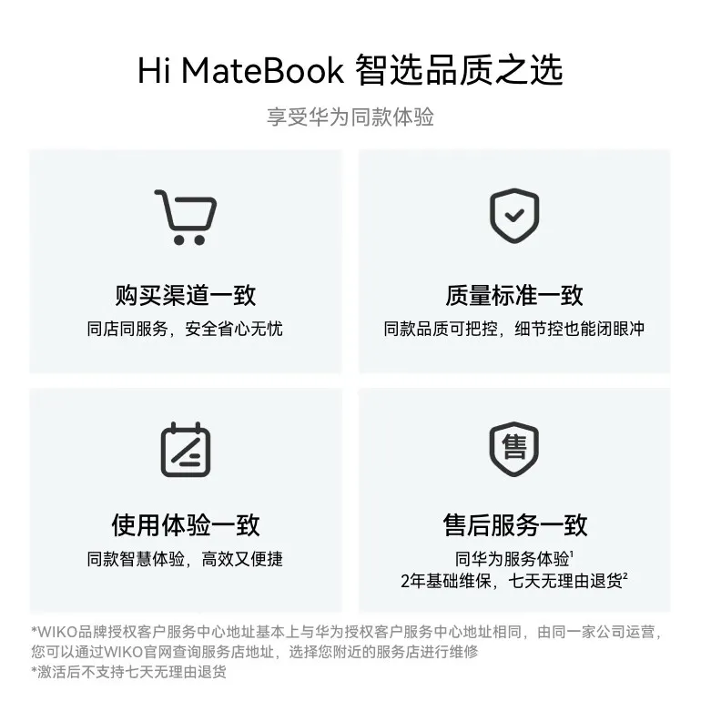 Tarjeta promocional sobre los estándares de calidad del WIKO Hi MateBook 14