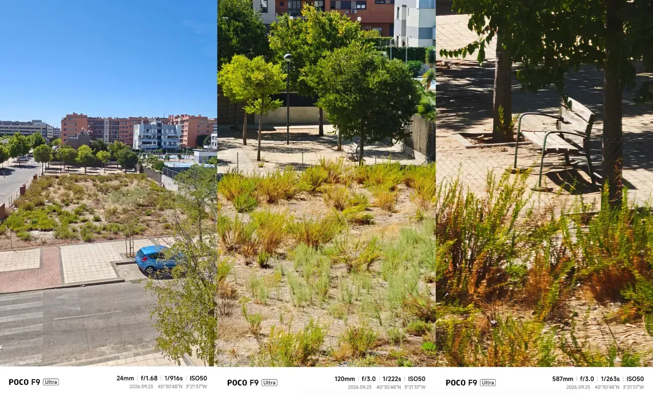 Pruebas de cámara del Poco F9 Ultra diurnas: paisaje urbano, vegetación a 120 mm y banco a 587 mm
