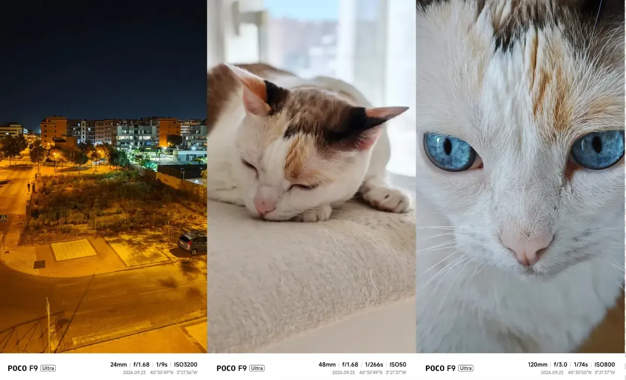 Pruebas de cámara del Poco F9 Ultra nocturnas: una calle iluminada, un gato dormido y un retrato de primer plano
