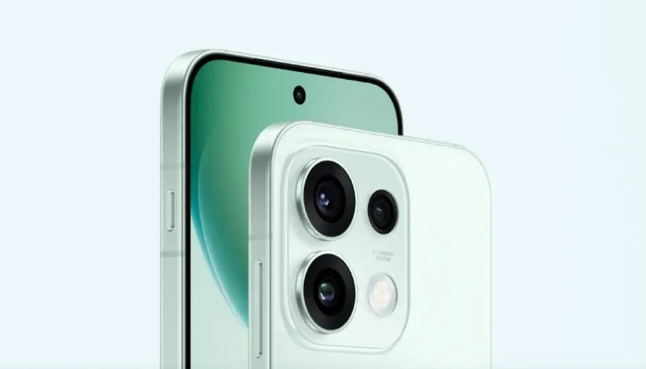 Trasera del Oppo Reno 16t en color verde con un motivo de mariposa en relieve y el módulo de cámaras