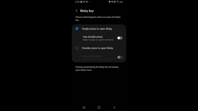 Pantalla de ajustes del botón lateral en un Samsung Galaxy