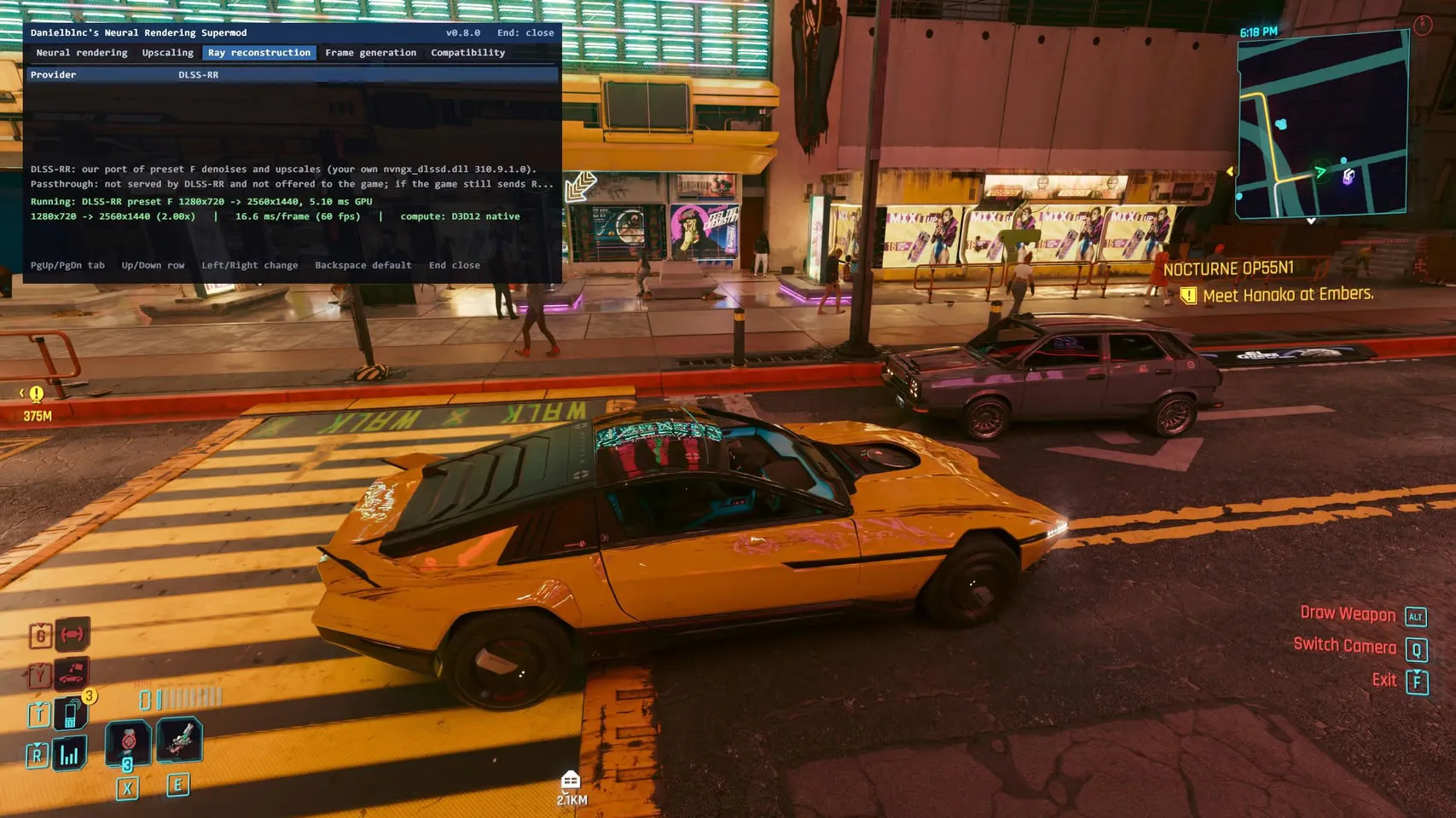 Captura de Cyberpunk 2077 con el overlay del Supermod configurando DLSS-RR a 1440p