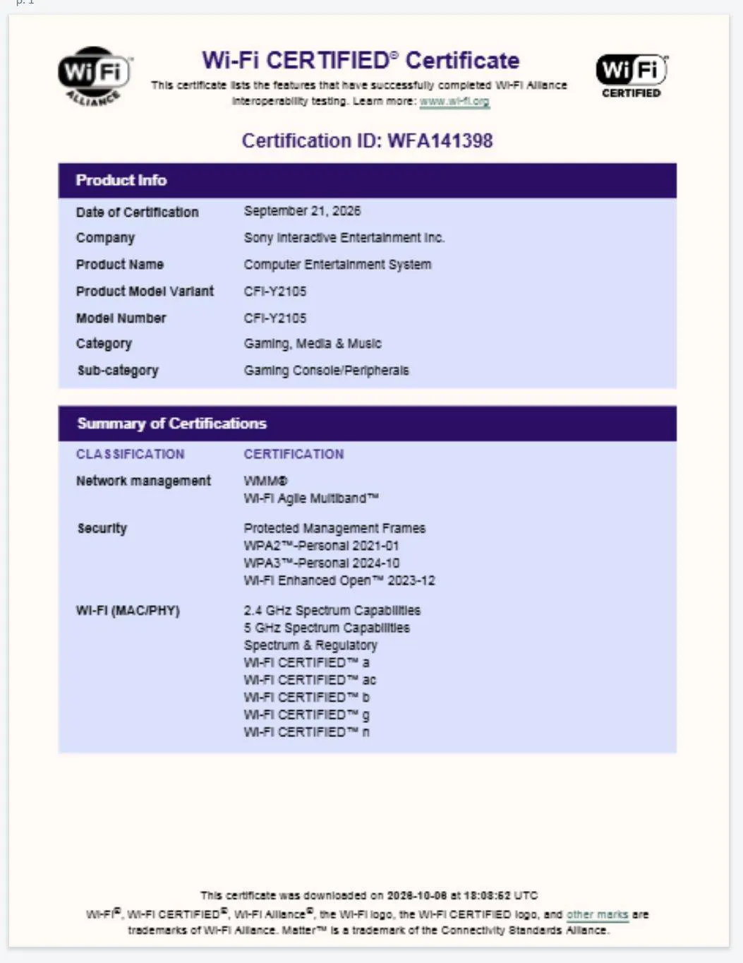 Listado de certificación con las bandas Wi-Fi admitidas por los modelos
