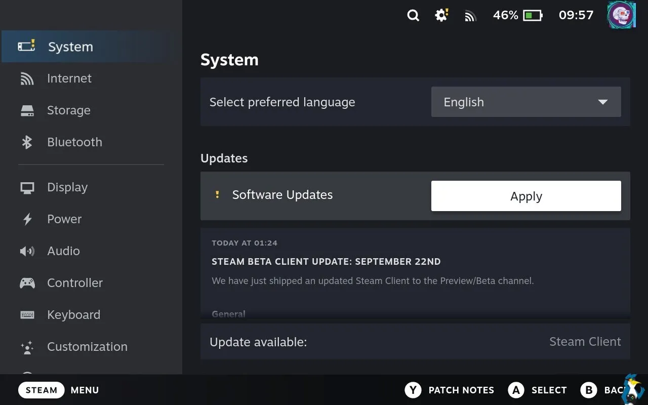 Menú de ajustes de SteamOS con la opción de buscar actualizaciones del sistema