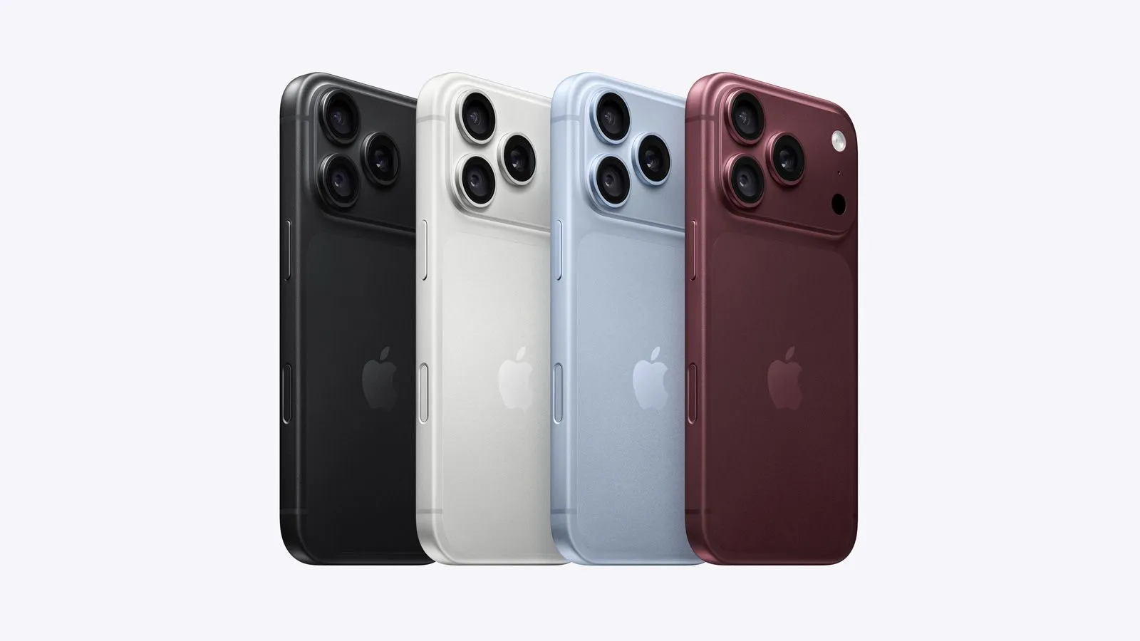 Gama de colores del iPhone 18 Pro vista por la trasera: negro, blanco, azul claro y burdeos