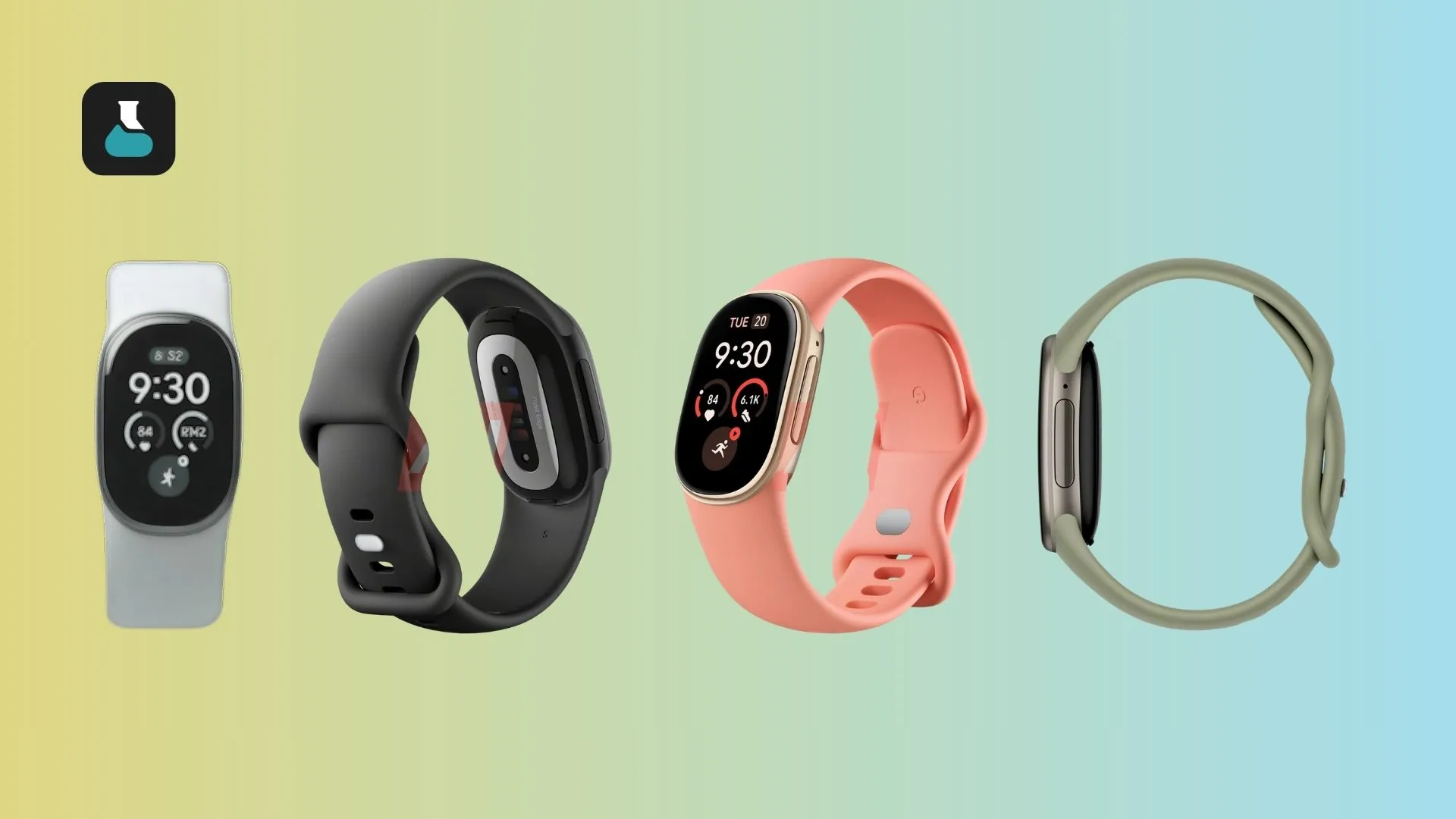 Los cuatro colores del Fitbit Edge, con detalle de las correas