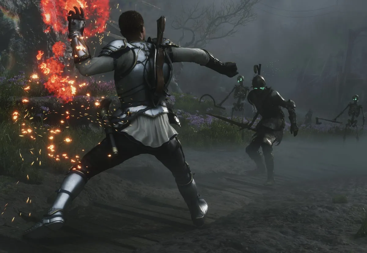 Combate del reinicio de Fable, con esqueletos y hechizos en una mina
