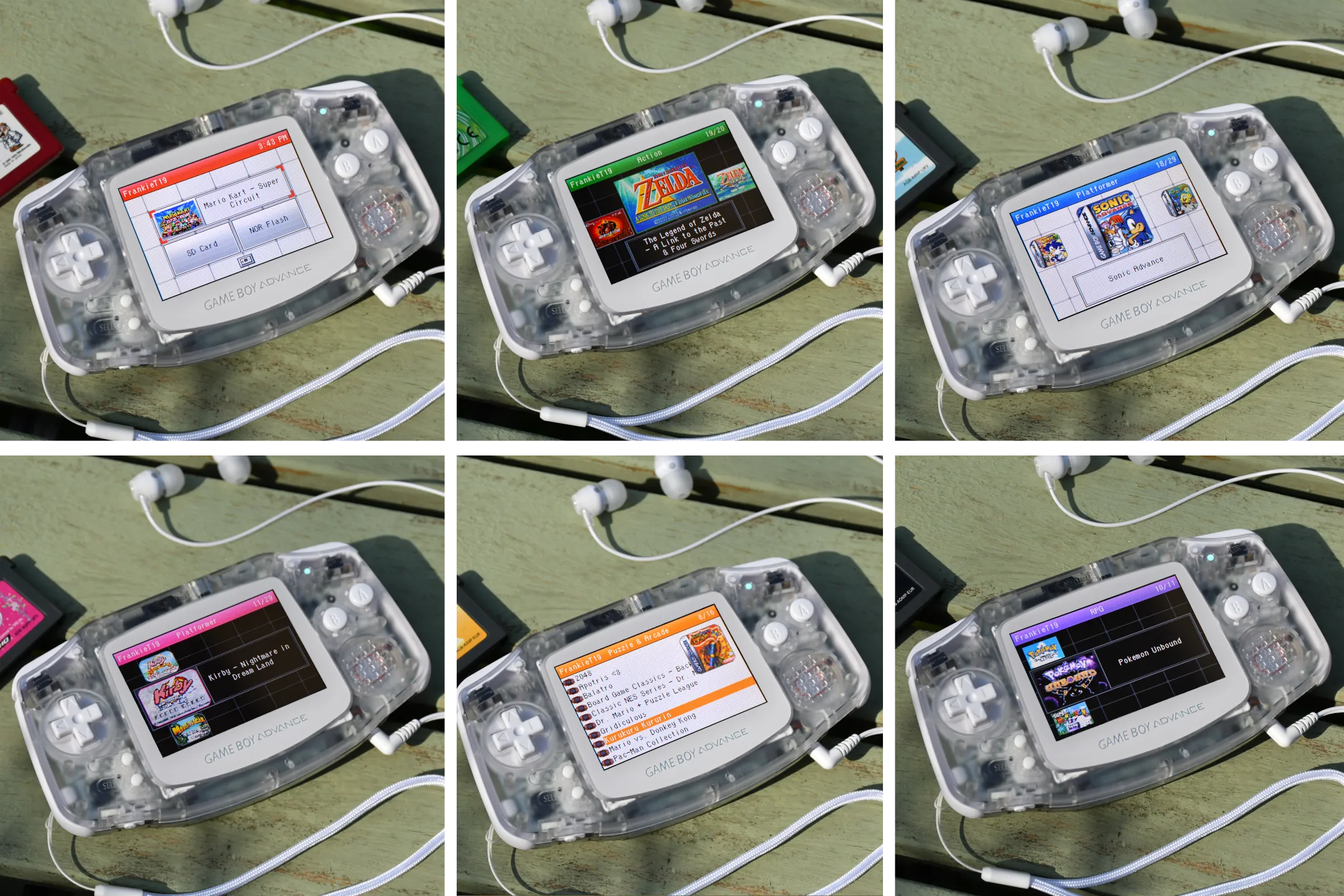 Seis capturas del lanzador DS Style en una Game Boy Advance, con distintos modos de lista, carrusel y colores