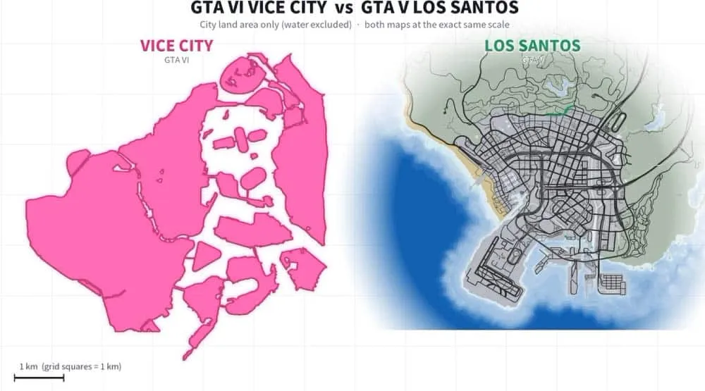 Mapa comparativo en el que se contrasta la extensión de Vice City con la de Los Santos