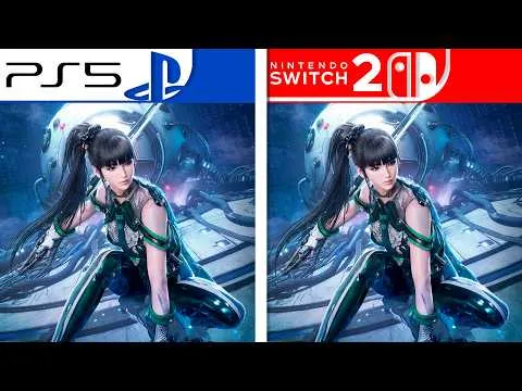 Portada del vídeo comparativo con el arte de Eve dividido entre PS5 y Nintendo Switch 2