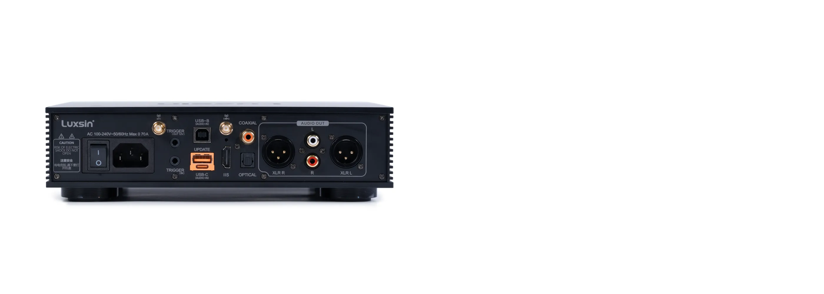 Panel trasero del Luxsin X8 con sus entradas digitales y disparadores