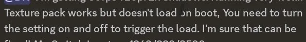 Captura de Discord compartida en el hilo sobre el comportamiento del pack de texturas al iniciar Dusklight