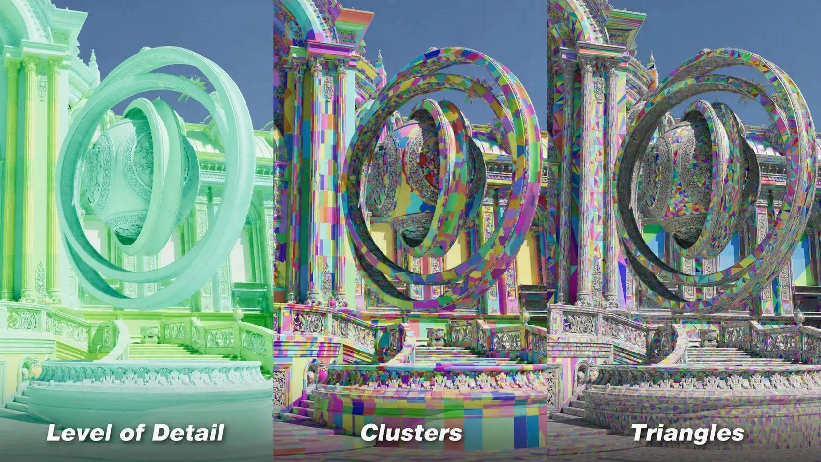 Comparativa de depuración del demo Zorah con tres vistas del mismo modelo: nivel de detalle, clústeres y triángulos